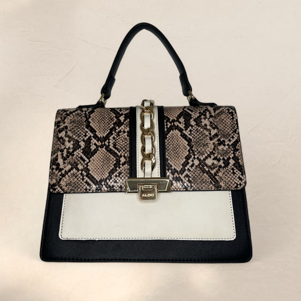 Aldo black and white snake print faux leather hand bag with detachable strap